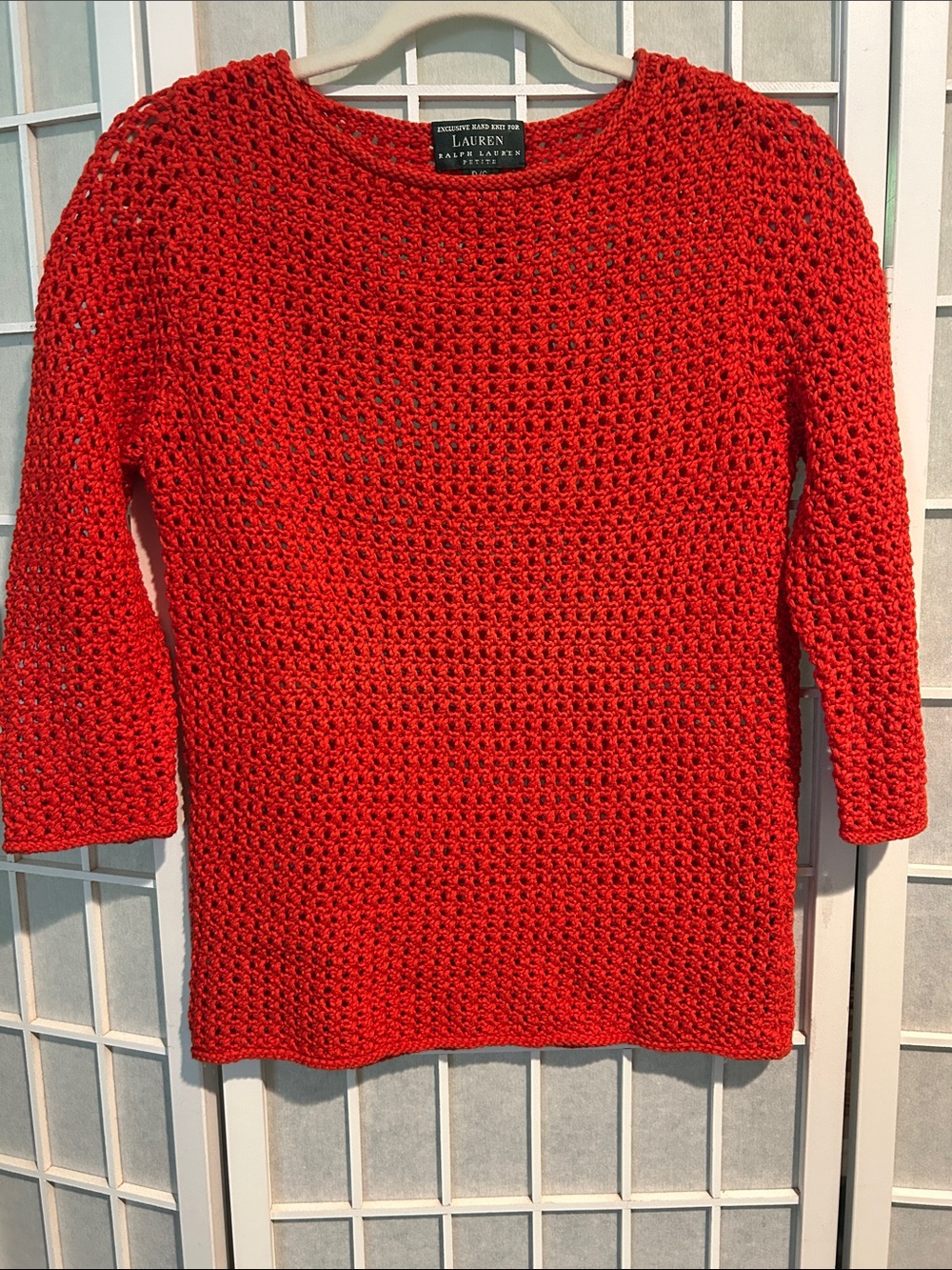 Ralph Lauren Open-Weave Crewneck Sweater in Bright Red